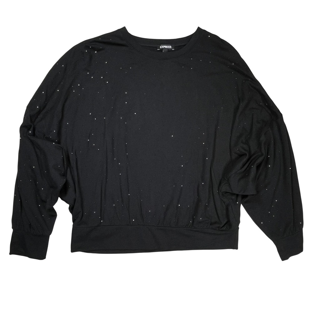 New Express Rhinestone Sweatshirt‎ Women's Sz M Black Dolman Sleeve Embellished